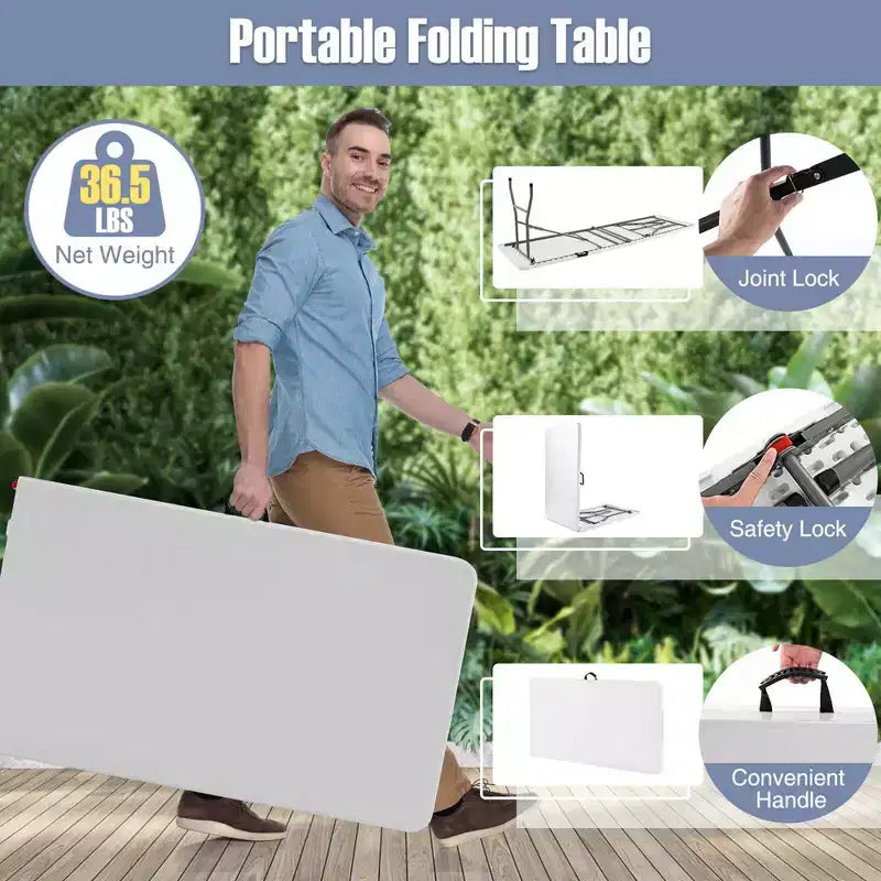 Table pliante portable Costway de 2,4 m avec plateau en PEHD, mécanisme de verrouillage sécurisé, poignée de transport Blanc/Gris/Noir