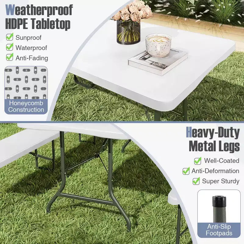 Table pliante portable Costway de 2,4 m avec plateau en PEHD, mécanisme de verrouillage sécurisé, poignée de transport Blanc/Gris/Noir