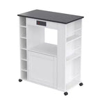 Meuble de rangement roulant d'îlot de cuisine VECELO avec station de recharge et étagères ouvertes, blanc/marron