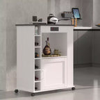 Meuble de rangement roulant d'îlot de cuisine VECELO avec station de recharge et étagères ouvertes, blanc/marron