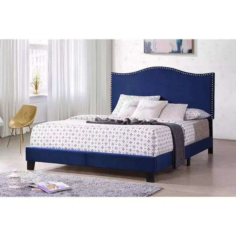 Kings Brand Furniture Clarno Blue Velvet Nailhead Trim Upholstered Bed