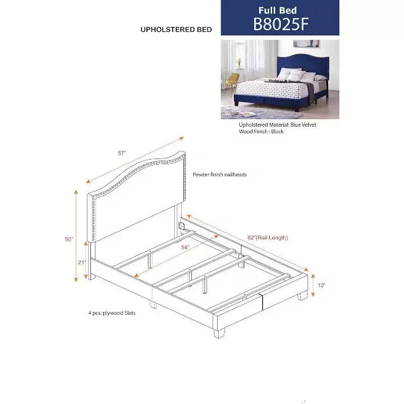 Lit capitonné en velours bleu Clarno avec garniture cloutée de la marque Kings