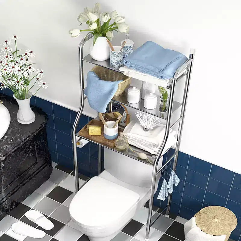 Rangement au-dessus des toilettes, Étagère de rangement en métal au-dessus des toilettes avec crochets à serviettes amovibles, porte-papier, organisateur de salle de bain au-dessus des toilettes, montage facile