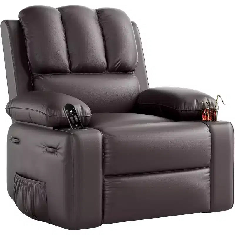 22 rocker swivel recliner with 1.5X sponge filling, side pocket, and cup holder; vintage leather, ideal for living rooms, bedrooms, and nurseries.