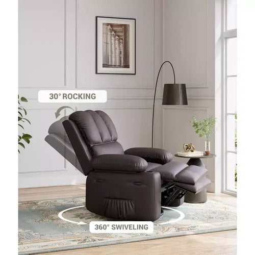Fauteuil inclinable pivotant 22 po avec rembourrage éponge 1,5X, pochette latérale et porte-gobelet ; cuir vintage, idéal pour les salons, les chambres et les chambres de bébé.