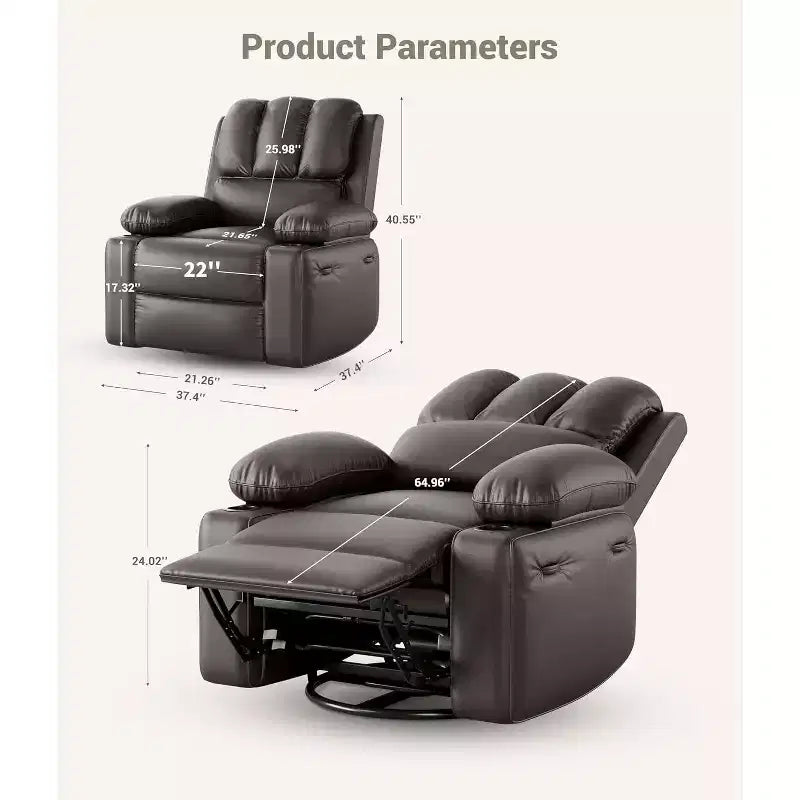 Fauteuil inclinable pivotant 22 po avec rembourrage éponge 1,5X, pochette latérale et porte-gobelet ; cuir vintage, idéal pour les salons, les chambres et les chambres de bébé.