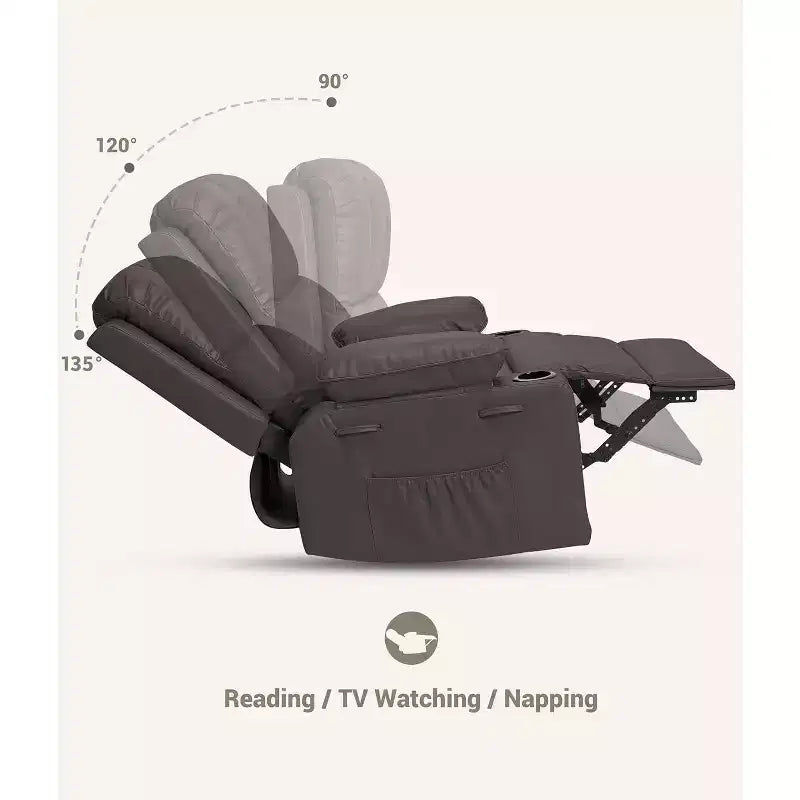 Fauteuil inclinable pivotant 22 po avec rembourrage éponge 1,5X, pochette latérale et porte-gobelet ; cuir vintage, idéal pour les salons, les chambres et les chambres de bébé.