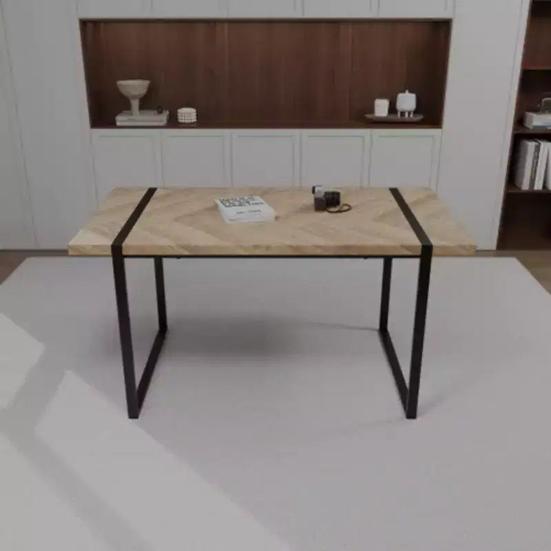 Table moderne rectangulaire en MDF et bois naturel (4-6 places), plateau en bois d'ingénierie 1,5 po, pieds en métal noir, maison/cuisine.
