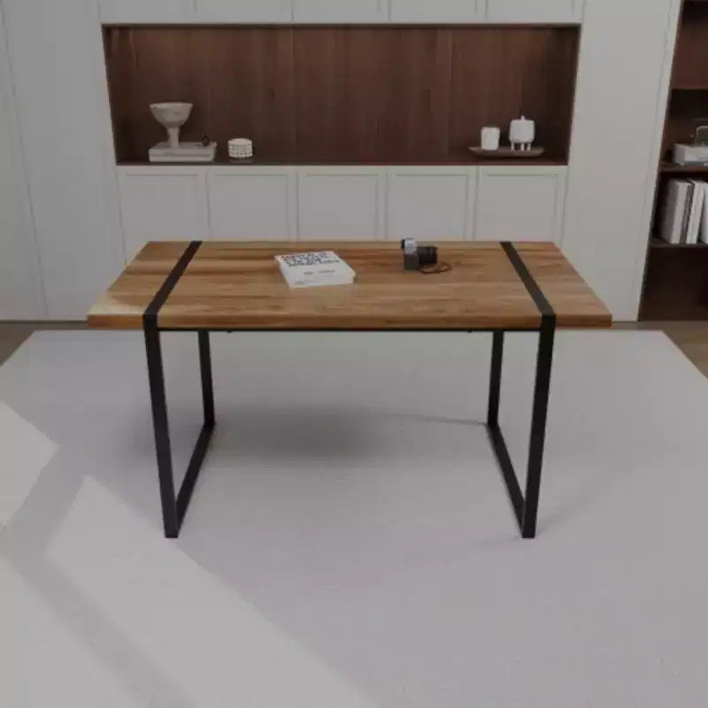 Table moderne rectangulaire en MDF et bois naturel (4-6 places), plateau en bois d'ingénierie 1,5 po, pieds en métal noir, maison/cuisine.