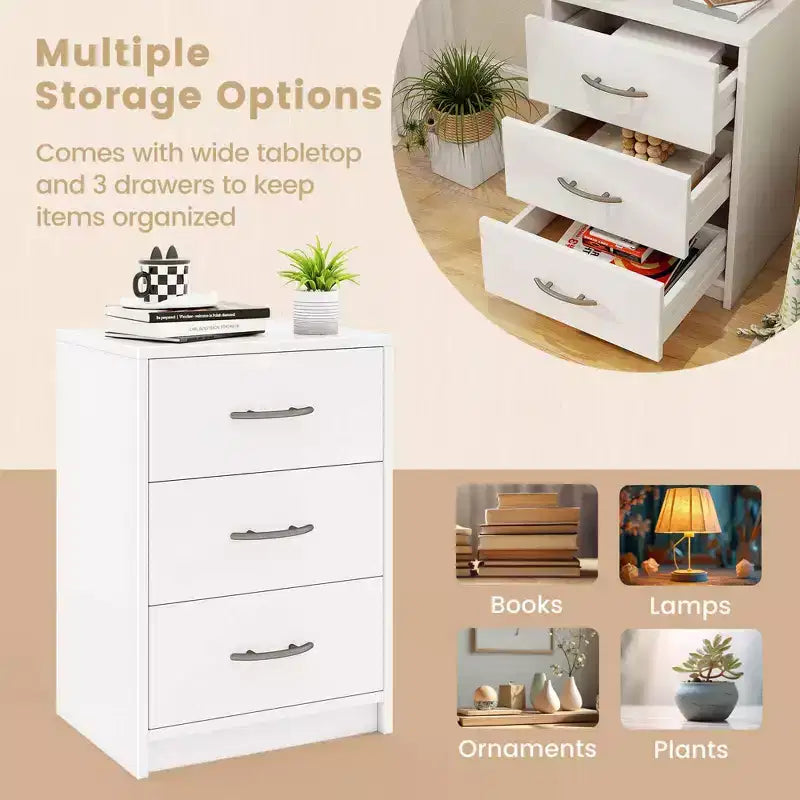 Costway 1/2 PCS Table de Chevet Moderne à 3 Tiroirs avec Rangement Kit Anti-Basculement pour Chambre Blanc