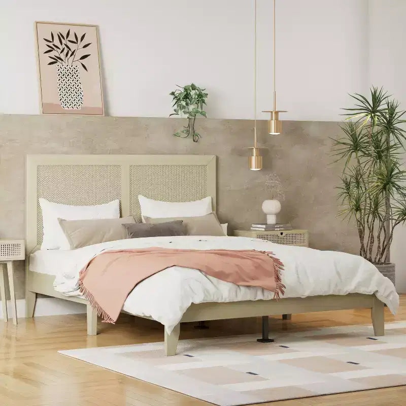 King/California King/Queen Size Platform Bed with Rattan Headboard and Solid Wood Frame, Natural-Christopher Knight Home