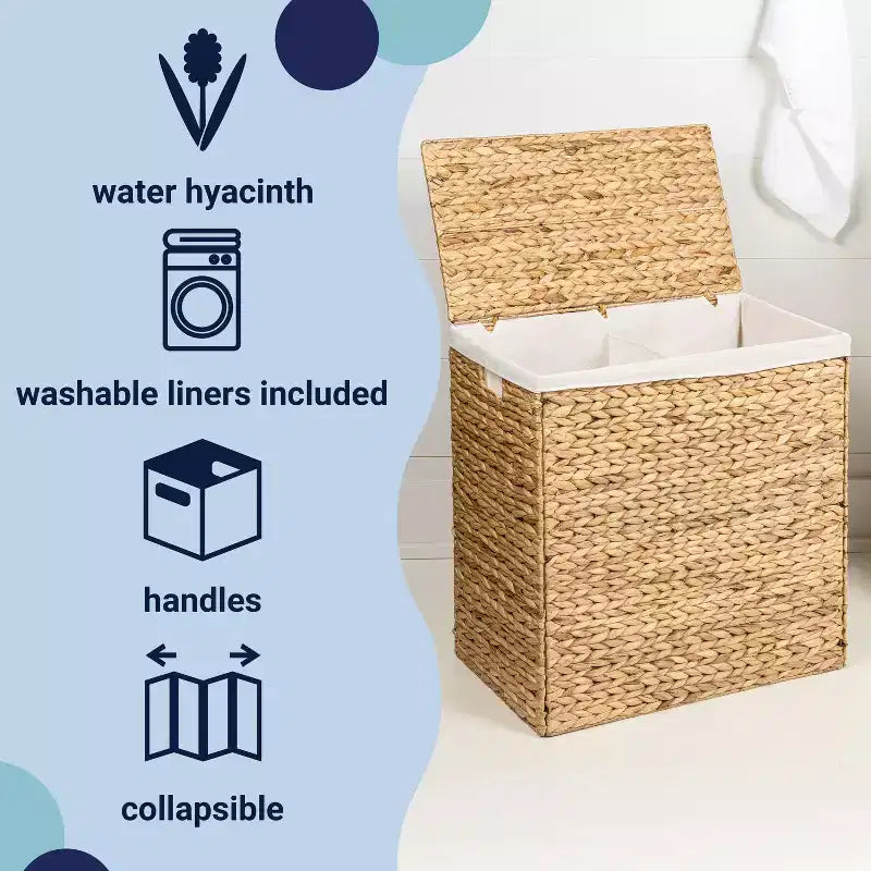 happimess Sawyer 24 Panier à linge pliable classique de style ferme en jacinthe tressée à 2 sections avec doublure lavable, poignées et couvercle