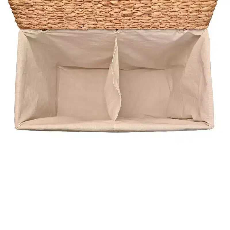 happimess Sawyer 24 Panier à linge pliable classique de style ferme en jacinthe tressée à 2 sections avec doublure lavable, poignées et couvercle