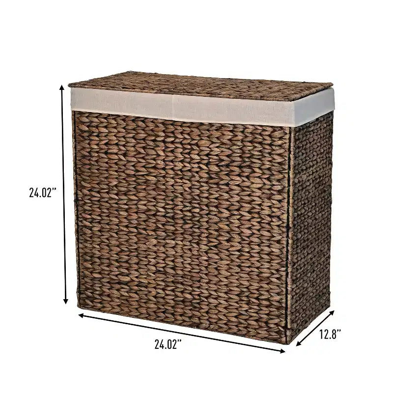 happimess Sawyer 24 Panier à linge pliable classique de style ferme en jacinthe tressée à 2 sections avec doublure lavable, poignées et couvercle