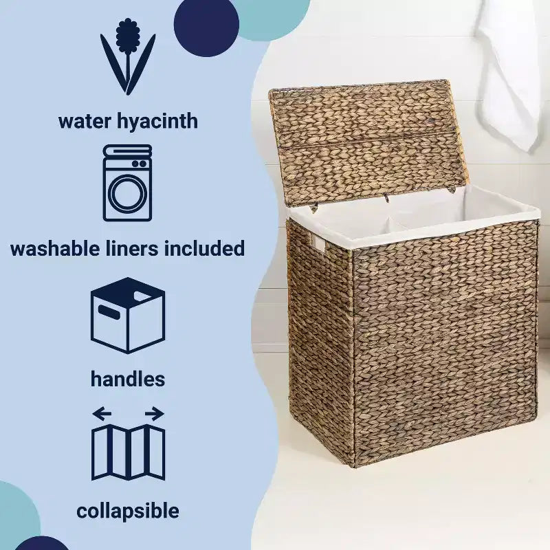 happimess Sawyer 24 Panier à linge pliable classique de style ferme en jacinthe tressée à 2 sections avec doublure lavable, poignées et couvercle