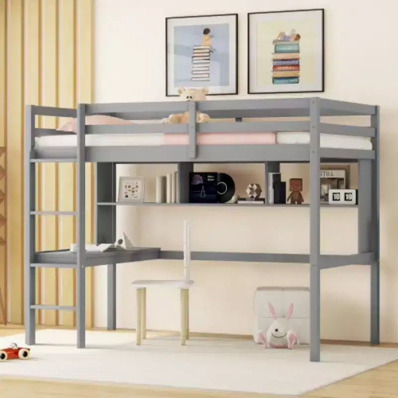 Durable Double-Level Loft Bed with Integrated Desk and Storage Shelf