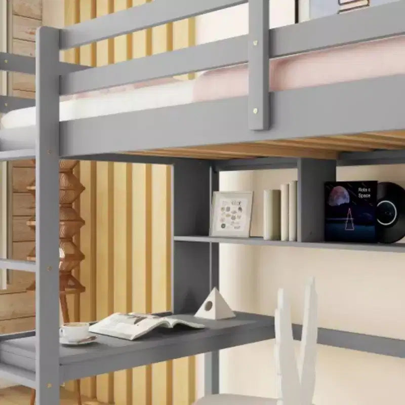 Lit mezzanine durable à double niveau avec bureau intégré et étagère de rangement
