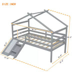 Lit mezzanine enfant avec toboggan, échelle d'accès et barrières de sécurité, complété d'un toit style maisonnette