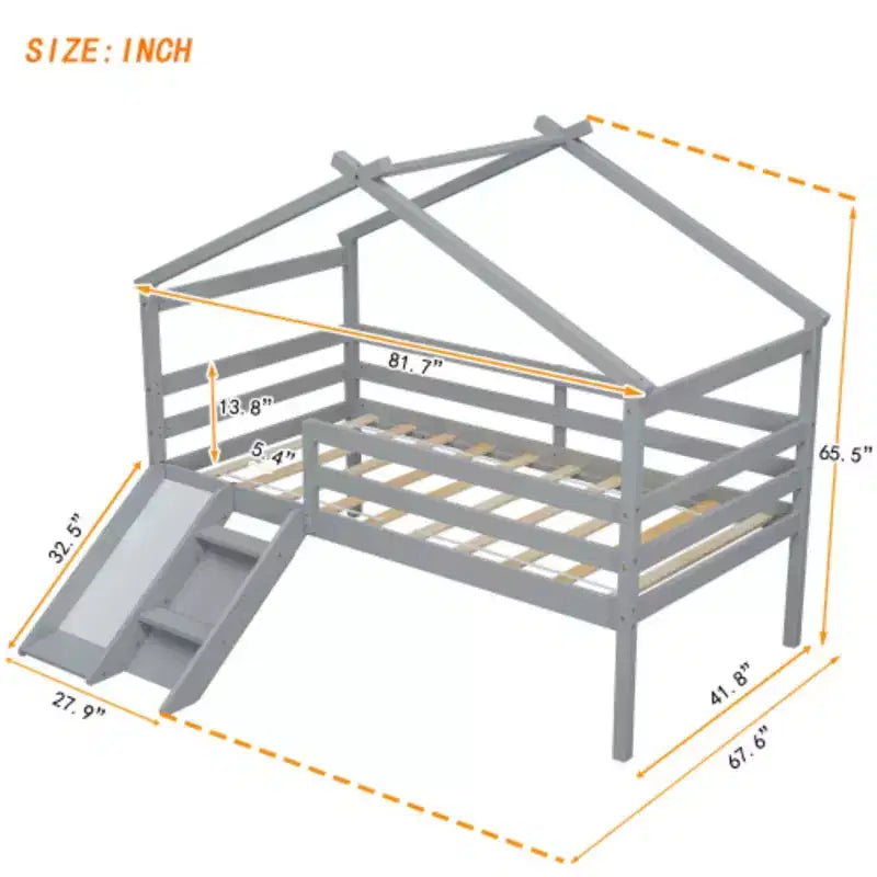 Lit mezzanine enfant avec toboggan, échelle d'accès et barrières de sécurité, complété d'un toit style maisonnette