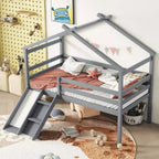 Lit mezzanine enfant avec toboggan, échelle d'accès et barrières de sécurité, complété d'un toit style maisonnette