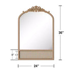 Miroir Mural Marron en Bois Massif Sculpté à la Main avec Tressage en Rotin, Angle Droit Légèrement Arqué