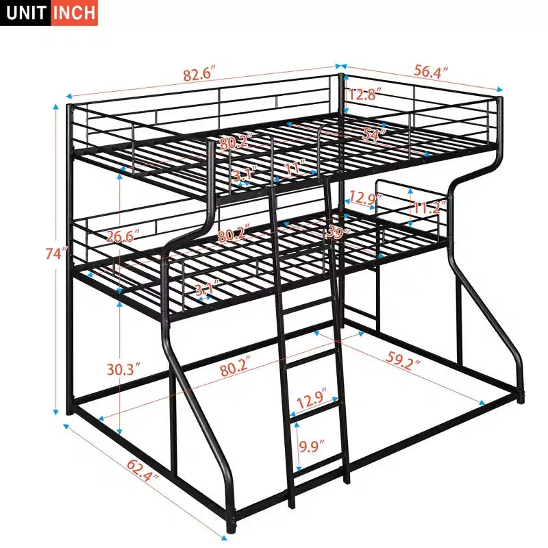 Lit superposé triple Whisen Metal Full XL au-dessus de Twin XL au-dessus de Queen Size avec échelle longue et courte