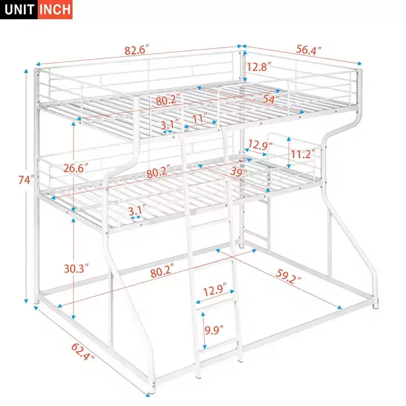 Lit superposé triple Whisen Metal Full XL au-dessus de Twin XL au-dessus de Queen Size avec échelle longue et courte