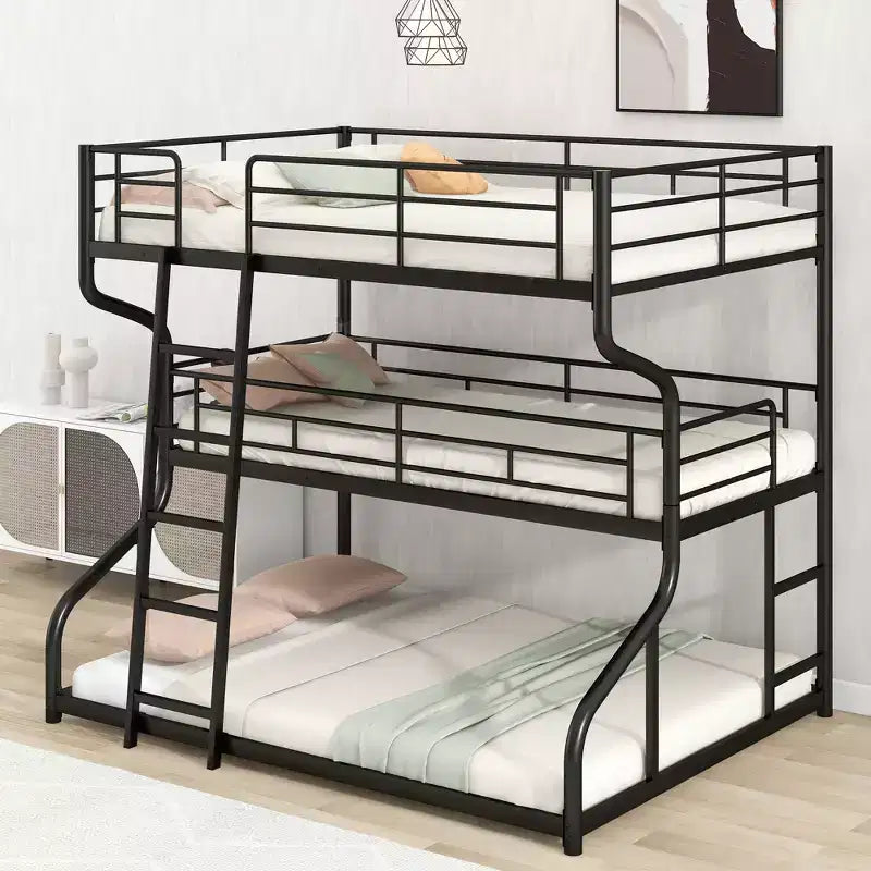 Whisen Metal Full XL over Twin XL over Queen Size Triple Bunk Bed with Long and Short Ladder
