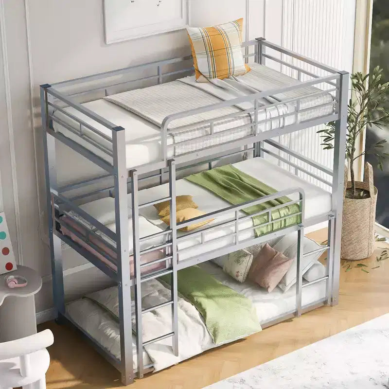 Lit superposé triple Whisen en métal, taille double, avec 2 échelles et garde-corps
