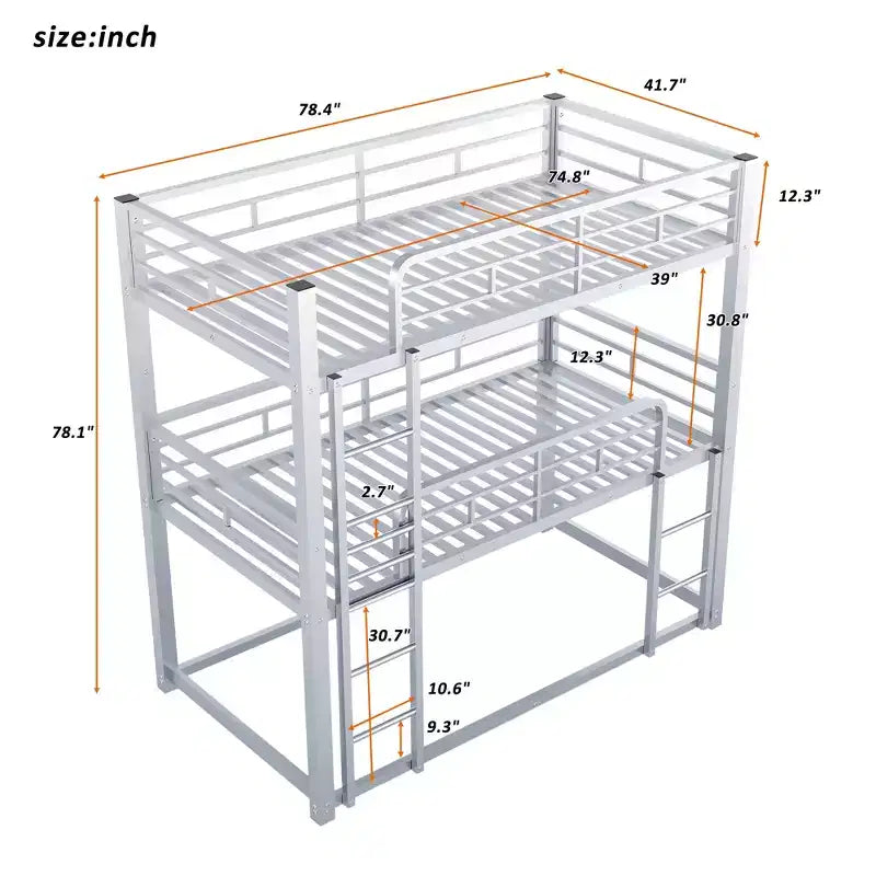 Lit superposé triple Whisen en métal, taille double, avec 2 échelles et garde-corps