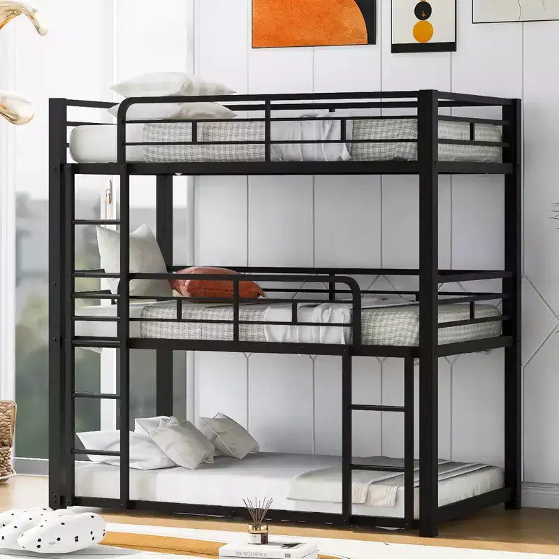 Lit superposé triple Whisen en métal, taille double, avec 2 échelles et garde-corps