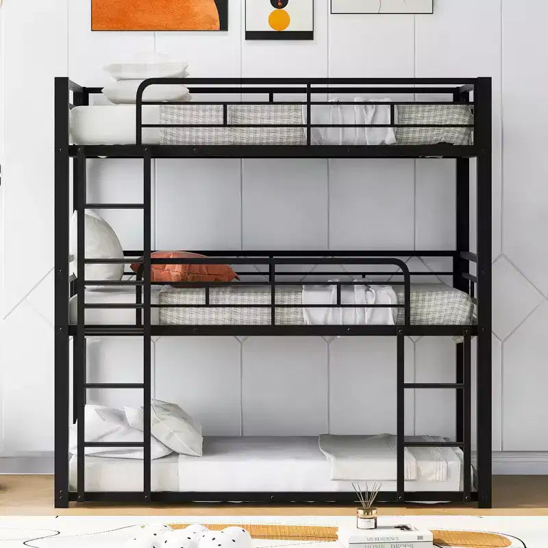 Lit superposé triple Whisen en métal, taille double, avec 2 échelles et garde-corps