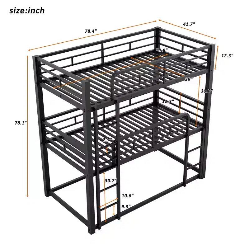Lit superposé triple Whisen en métal, taille double, avec 2 échelles et garde-corps