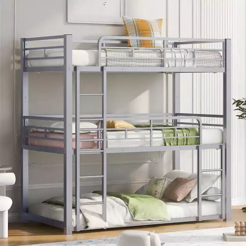 Lit superposé triple Whisen en métal, taille double, avec 2 échelles et garde-corps