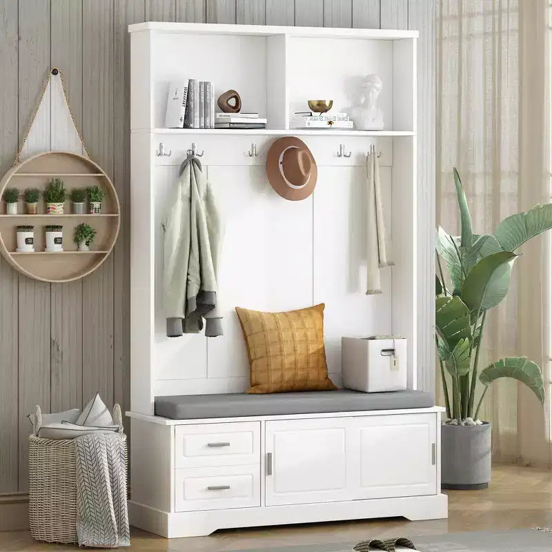 Meuble d'entrée 3-en-1 Whisen Elegant Style avec portes coulissantes, 6 patères et rangement à chaussures