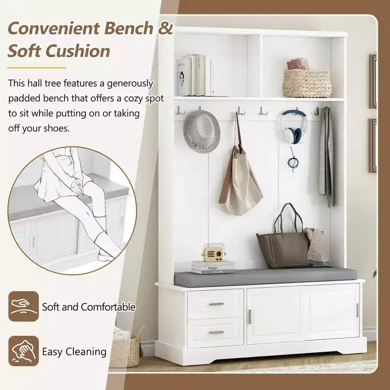 Meuble d'entrée 3-en-1 Whisen Elegant Style avec portes coulissantes, 6 patères et rangement à chaussures