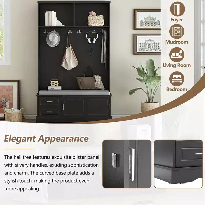 Meuble d'entrée 3-en-1 Whisen Elegant Style avec portes coulissantes, 6 patères et rangement à chaussures