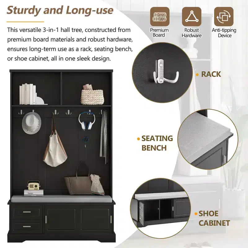 Meuble d'entrée 3-en-1 Whisen Elegant Style avec portes coulissantes, 6 patères et rangement à chaussures