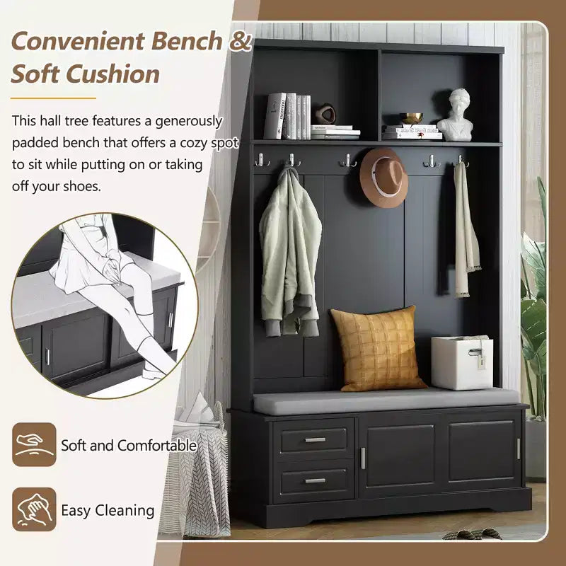 Meuble d'entrée 3-en-1 Whisen Elegant Style avec portes coulissantes, 6 patères et rangement à chaussures