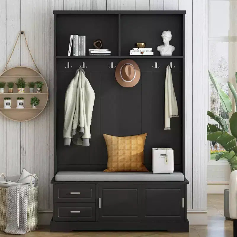Whisen Elegant Style 3-in-1 Hall Tree with Sliding Doors, 6 Hooks and Shoe Storage