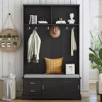 Whisen Elegant Style 3-in-1 Hall Tree with Sliding Doors, 6 Hooks and Shoe Storage