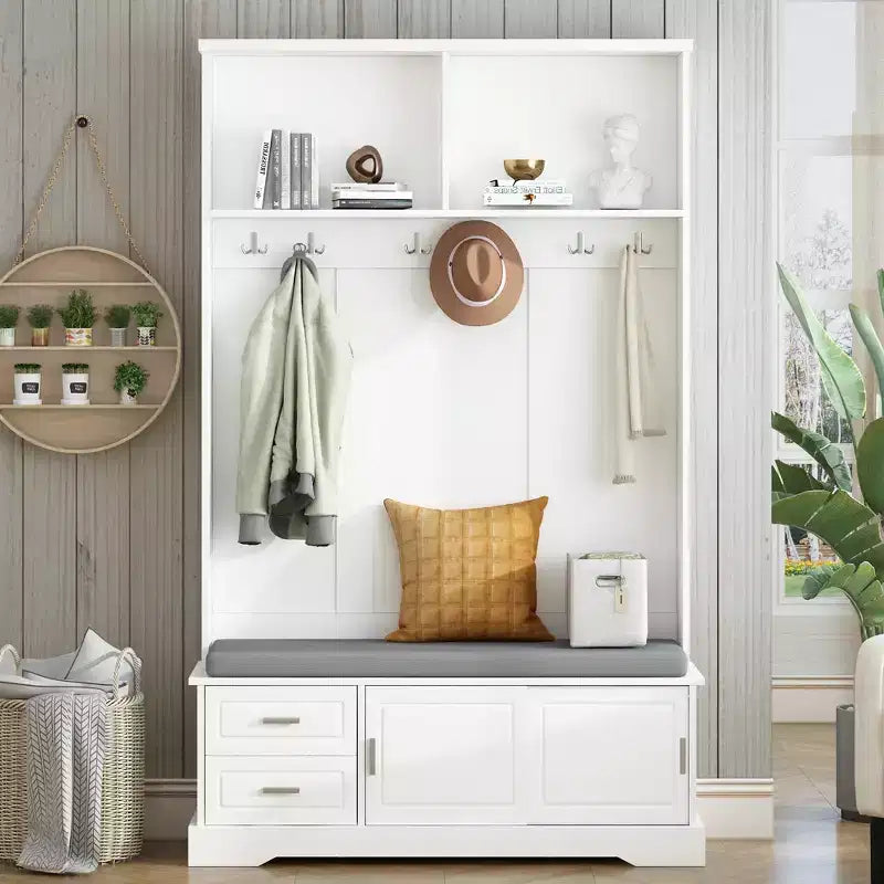 Meuble d'entrée 3-en-1 Whisen Elegant Style avec portes coulissantes, 6 patères et rangement à chaussures