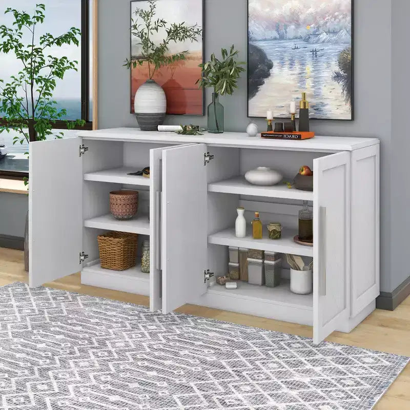 Bahut 6 Portes, Grand Espace de Rangement, Étagères Réglables et Poignées Argentées - Idéal pour Cuisine, Salle à Manger et Salon