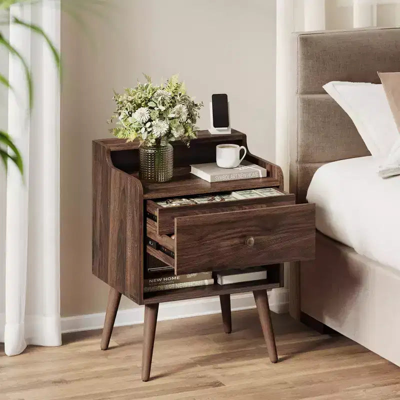 Tables de chevet, lot de 2, avec tiroirs cachés, tables d'appoint de style Mid-Century avec pieds en bois massif