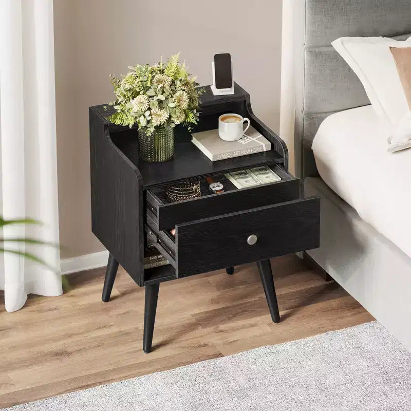 Tables de chevet, lot de 2, avec tiroirs cachés, tables d'appoint de style Mid-Century avec pieds en bois massif