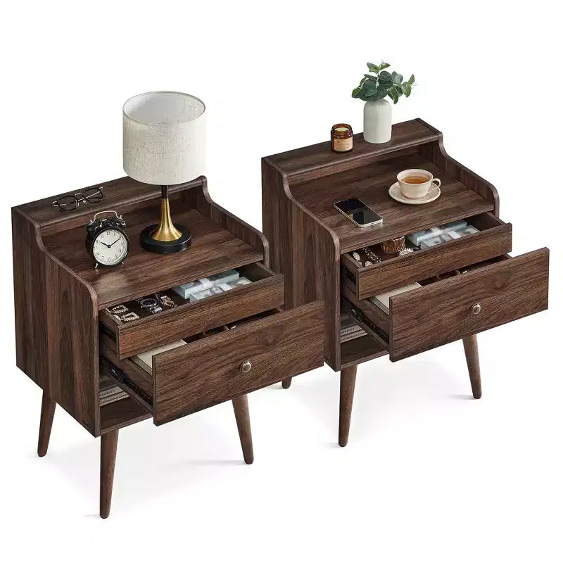 Tables de chevet, lot de 2, avec tiroirs cachés, tables d'appoint de style Mid-Century avec pieds en bois massif