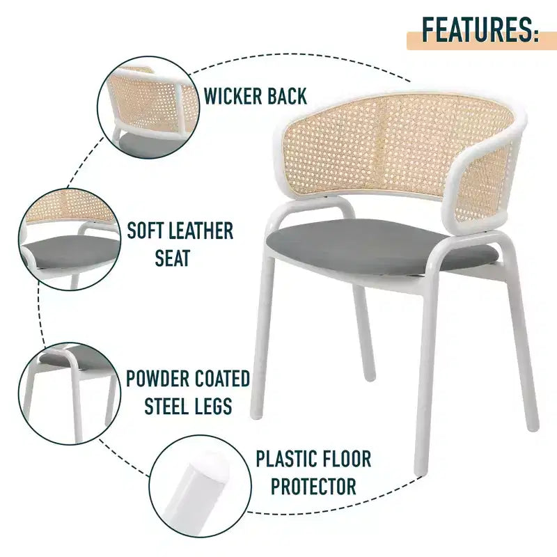 LeisureMod Ervilla Lot de 2 chaises de salle à manger en osier avec dossier en U, sièges en cuir et cadres en acier - Assise moderne pour cuisine, salle à manger, café