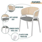 LeisureMod Ervilla Lot de 2 chaises de salle à manger en osier avec dossier en U, sièges en cuir et cadres en acier - Assise moderne pour cuisine, salle à manger, café