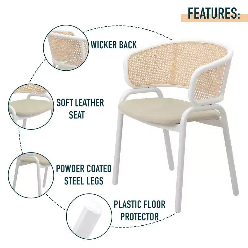 LeisureMod Ervilla Lot de 2 chaises de salle à manger en osier avec dossier en U, sièges en cuir et cadres en acier - Assise moderne pour cuisine, salle à manger, café