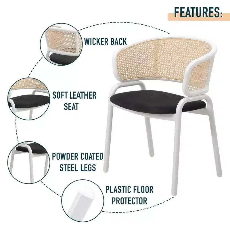 LeisureMod Ervilla Lot de 2 chaises de salle à manger en osier avec dossier en U, sièges en cuir et cadres en acier - Assise moderne pour cuisine, salle à manger, café